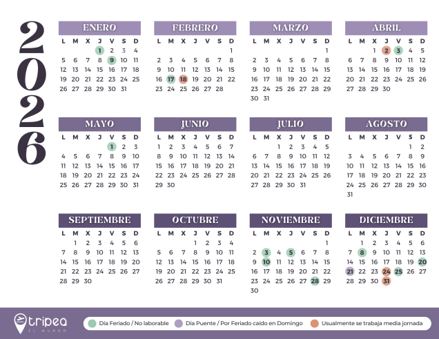 Calendario del año 2026 en español, con días feriados y días puente.